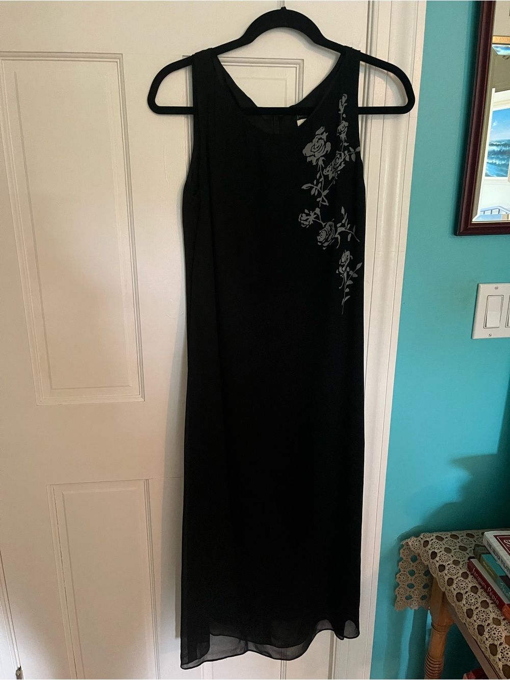 J. Crew Black Sleeveless Midi Dress with Silver Floral Accent
